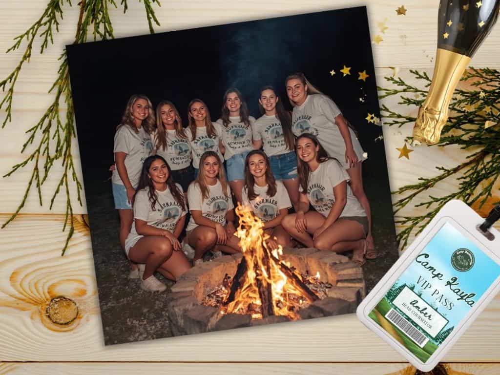 Group of young women enjoying summer camp around a campfire, celebrating friendship and outdoor activities.
