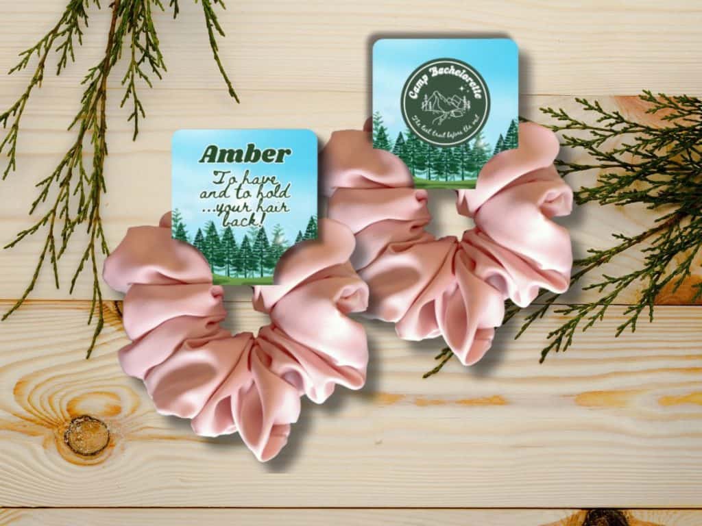 camp bachelorette party scrunchie tag