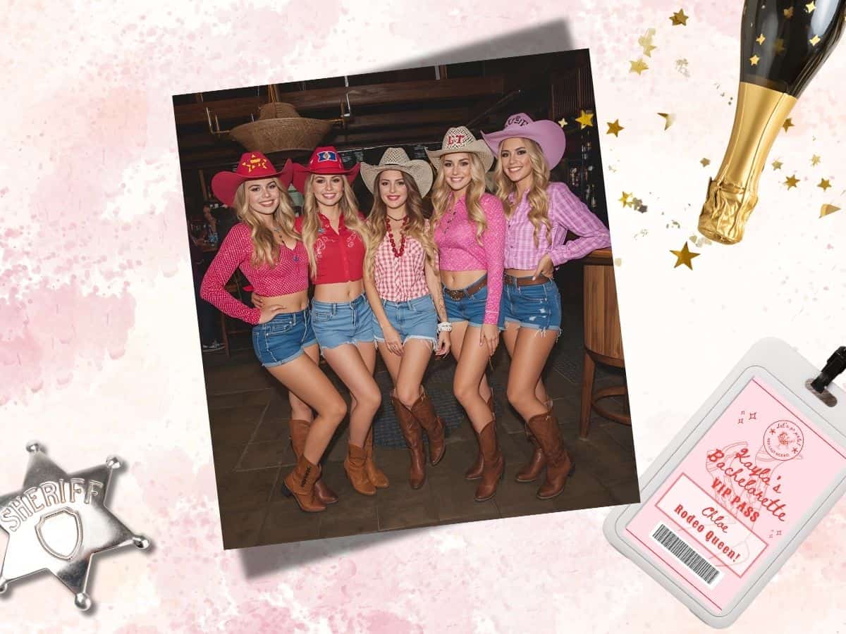 Bright women in cowboy hats and western-themed outfits, celebrating a last rodeo bachelorette party
