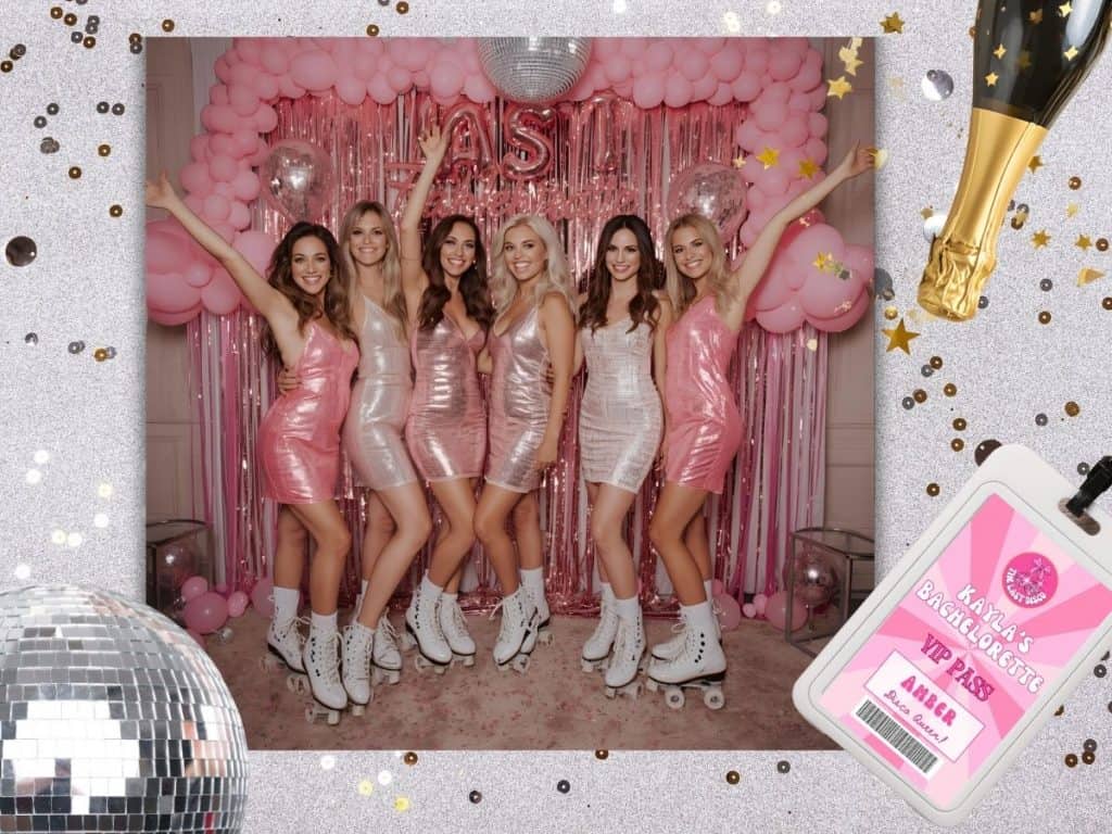 Pink themed last disco bachelorette celebration with women in glittery roller skate dresses at Gin and Gemini party.