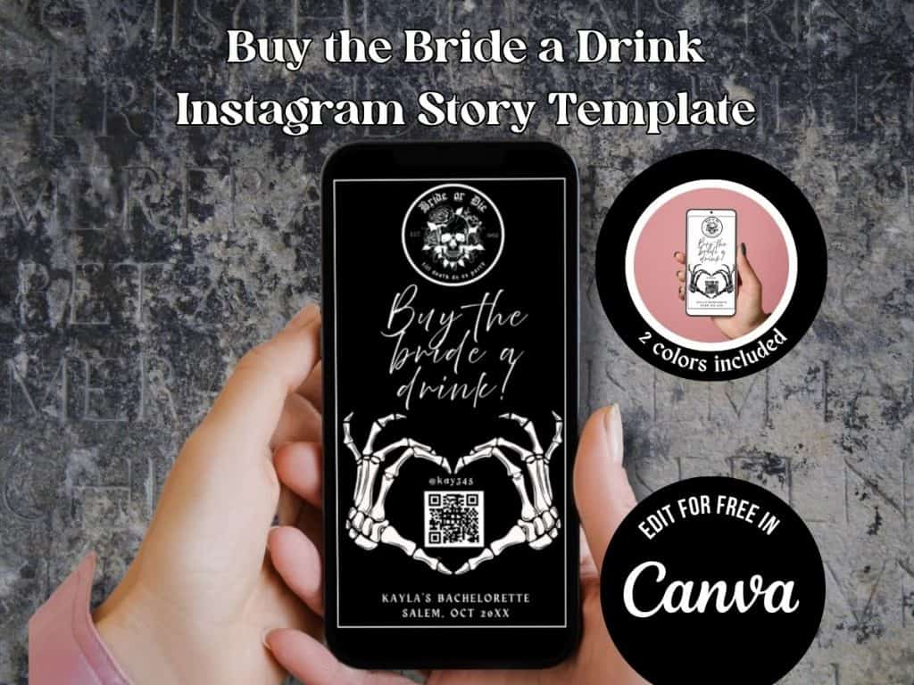 Buy the bride a drink Instagram story template for bride or die bachelorette celebrations and drinks promotions.