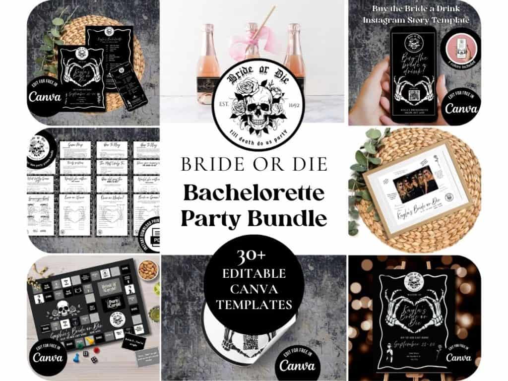  bride or die bachelorette party bundle, editable Canva template.