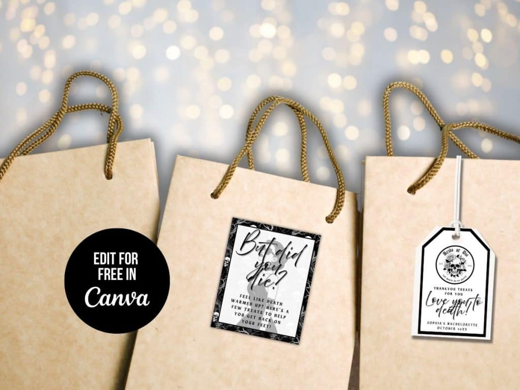 Elegant paper gift bags with custom bride or die tags, perfect for hangover kits.