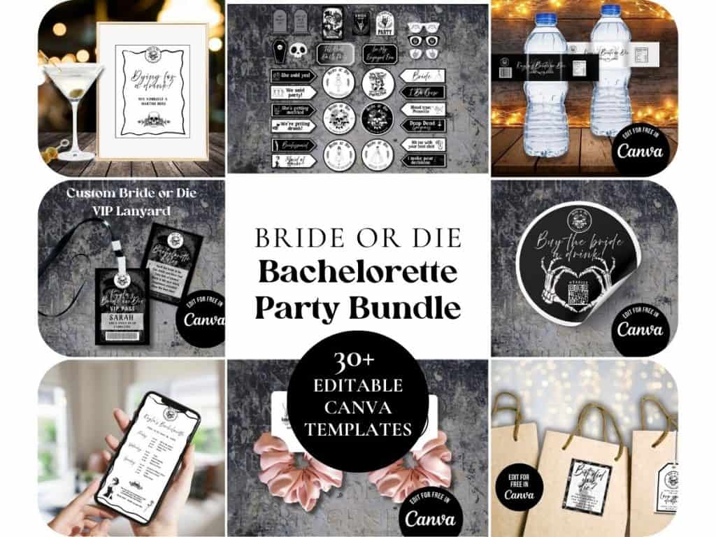 Elegant black and white bridal and bachelorette party templates for gothic bride or die hen party celebrations.