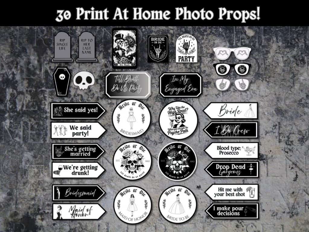 Gothic bride or die photo props with gothic skull and skeleton designs for fun bridal showers or bachelorette parties.