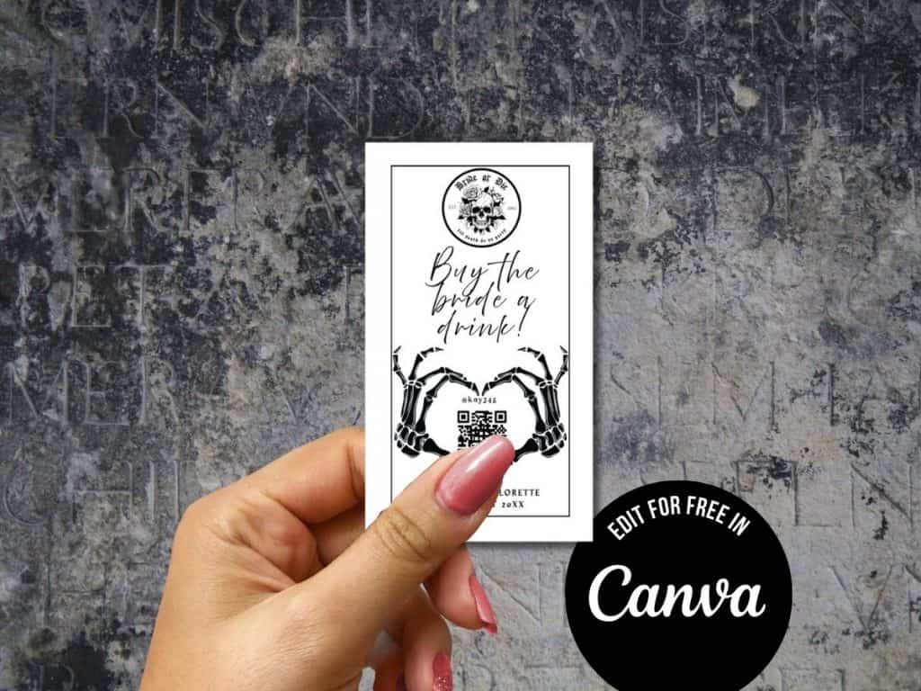 QR code drink voucher with skeleton hands design for bride or die bachelorette