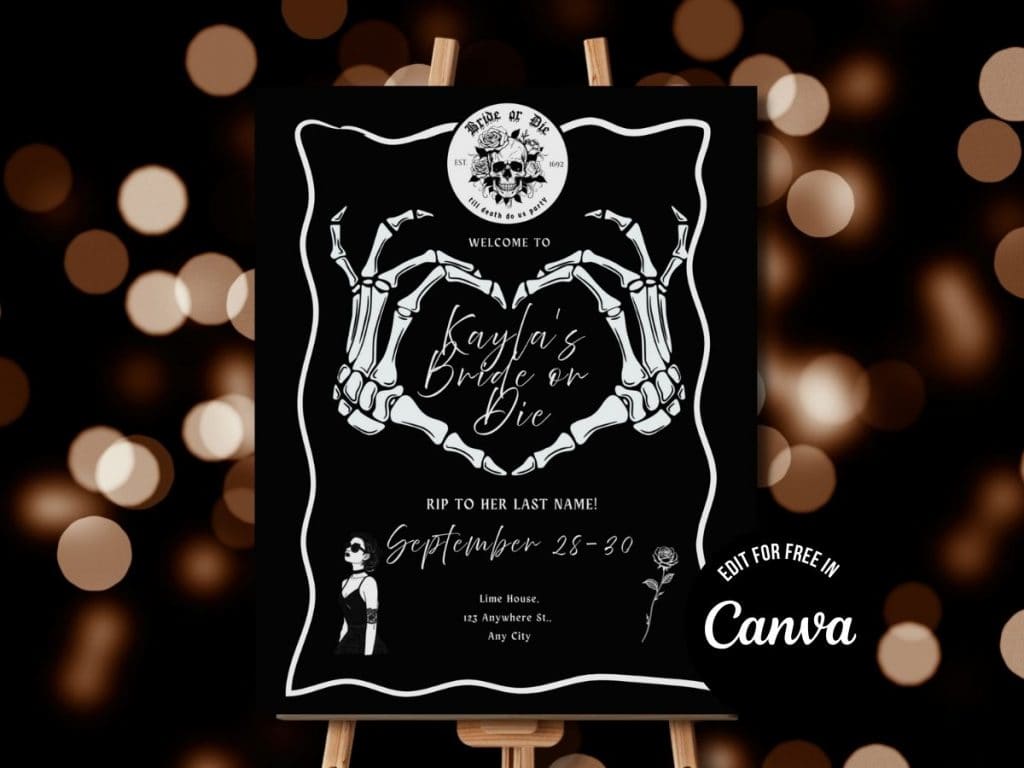 Bride or die gothic bachelorette sign for Kayla's bridal shower, Halloween-themed party, or gothic wedding.