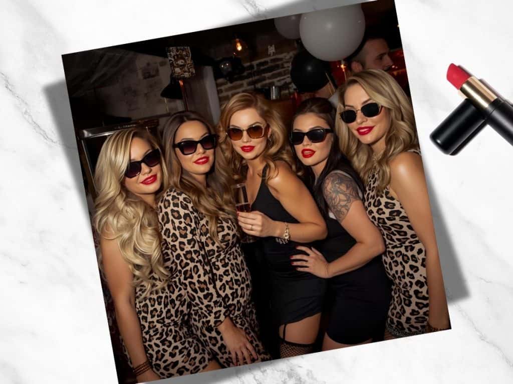Vibrant women in leopard print outfits and sunglasses enjoying a stylish night out at Gin and Gemini event.