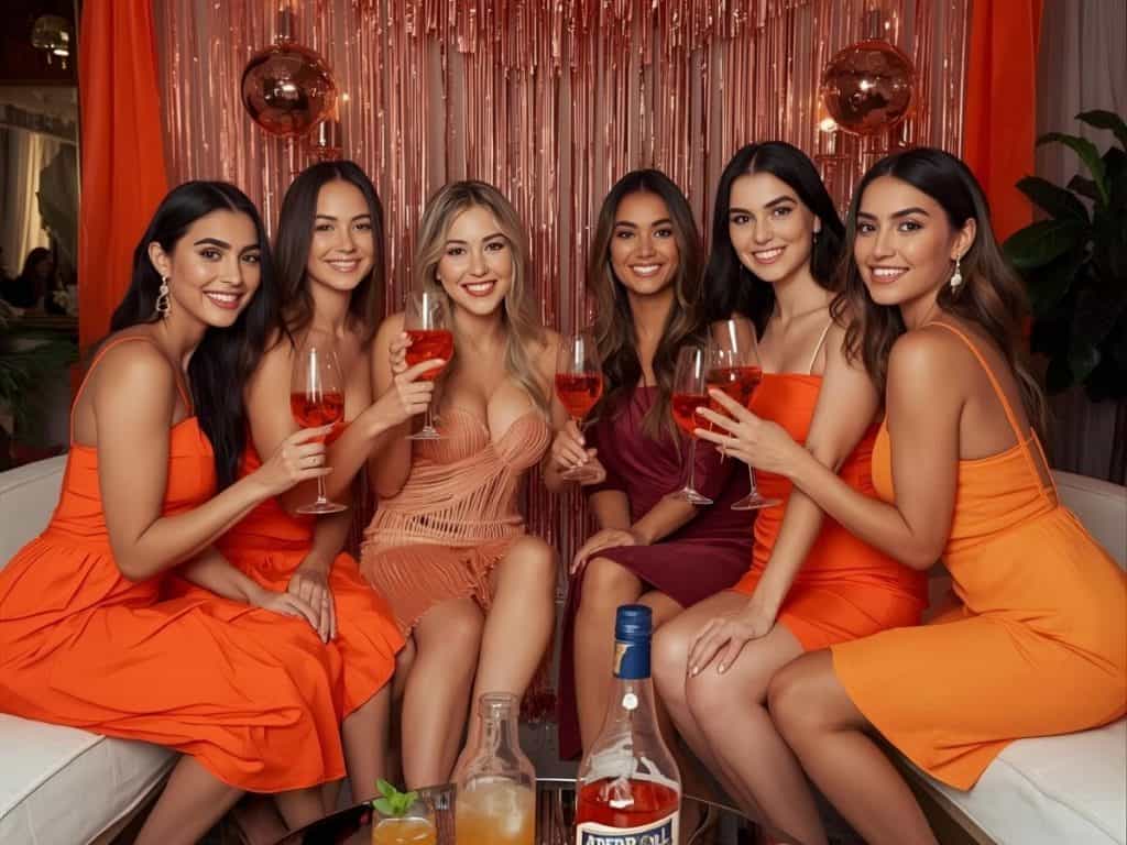 Vibrant women in orange and coral dresses enjoying cocktails at a lively party, celebrating friendship and fun.