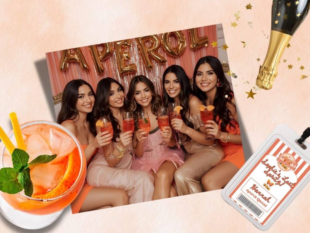 Vibrant Aperol Spritz themed bachelorette party celebration with friends, cocktails, and festive decorations
