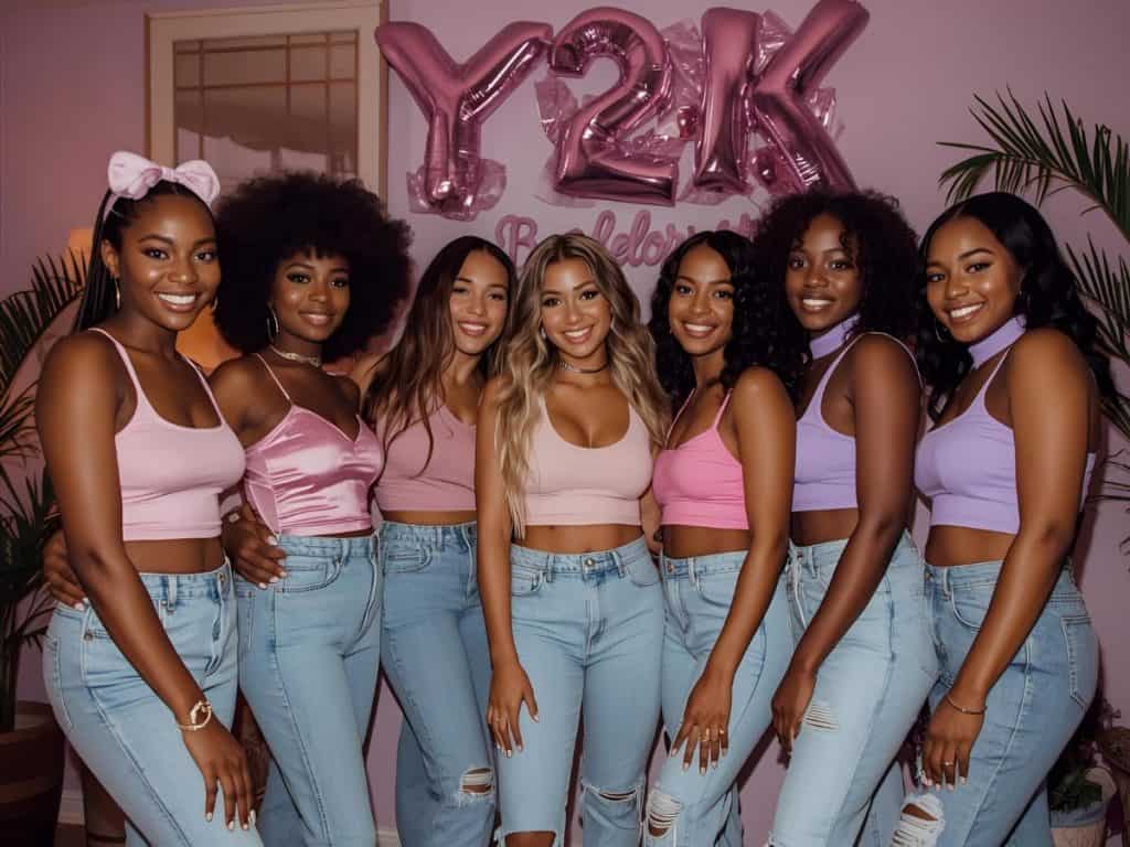 Colorful group of women celebrating a y2k bachelorette themed party with "Y2K" balloons and stylish casual outfits.