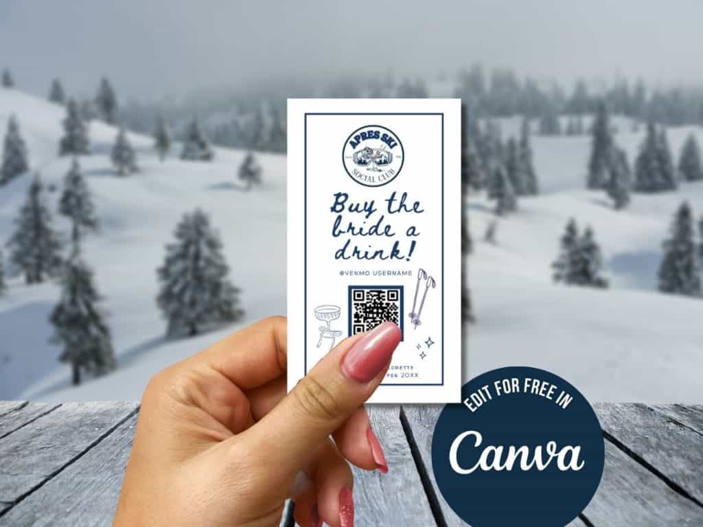 Buy the bride a drink wedding event promotion on snowy winter background with QR code.
