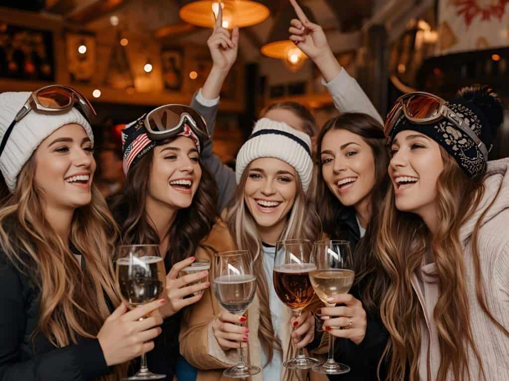 Friends enjoying apres ski drinks at a cozy bar, celebrating with wine and laughter