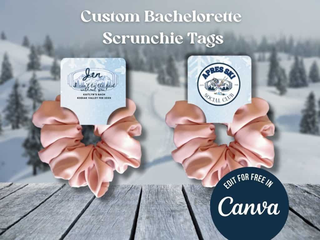 Custom apres ski bachelorette scrunchie tags featuring personalized and social club designs on pink scrunchies. Perfect for wedding celebrations.
