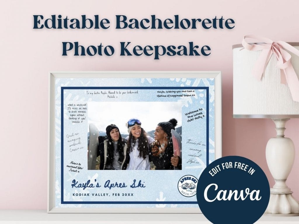 A personalized editable bachelorette party photo keepsake featuring a skiing trip design.