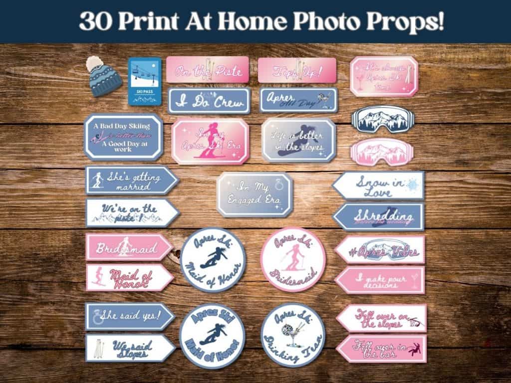 Apres ski party photo props 
Printed ski and snowboarding tags on wooden background for winter sports decor.