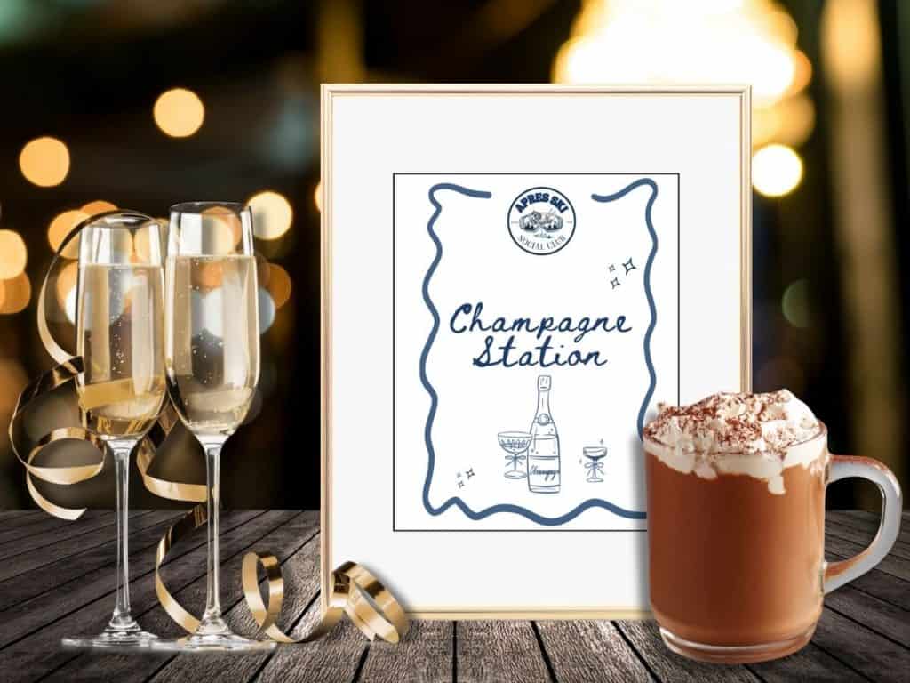 Editable apres ski bachelorette party table sign  champagne station with bubbly glasses, festive drink, and decorative sign.