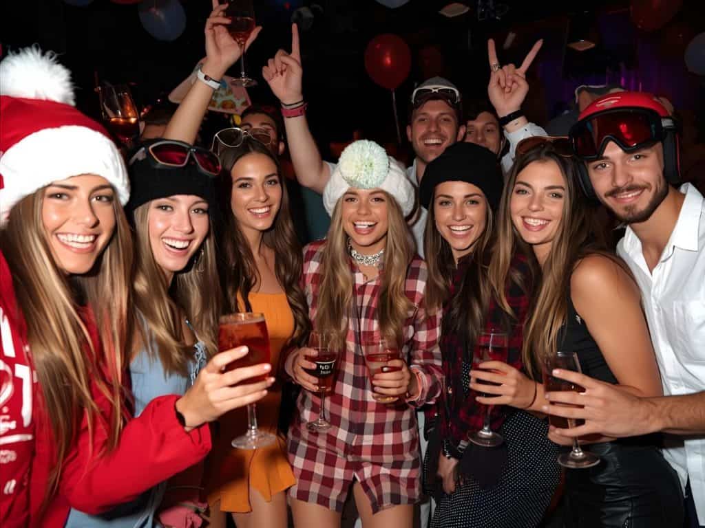 Festive apres ski bachelorette party with friends celebrating, wearing holiday costumes, holding drinks, in a lively nightclub.