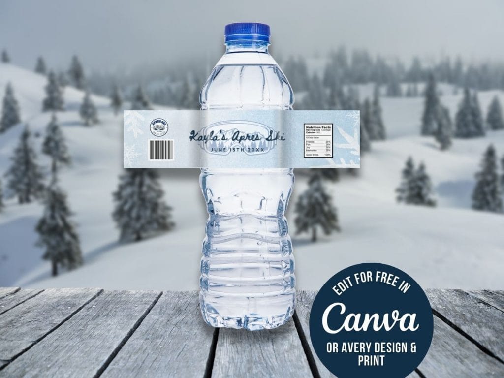 Water bottle label personalized with custom text for apres ski bachelorette party