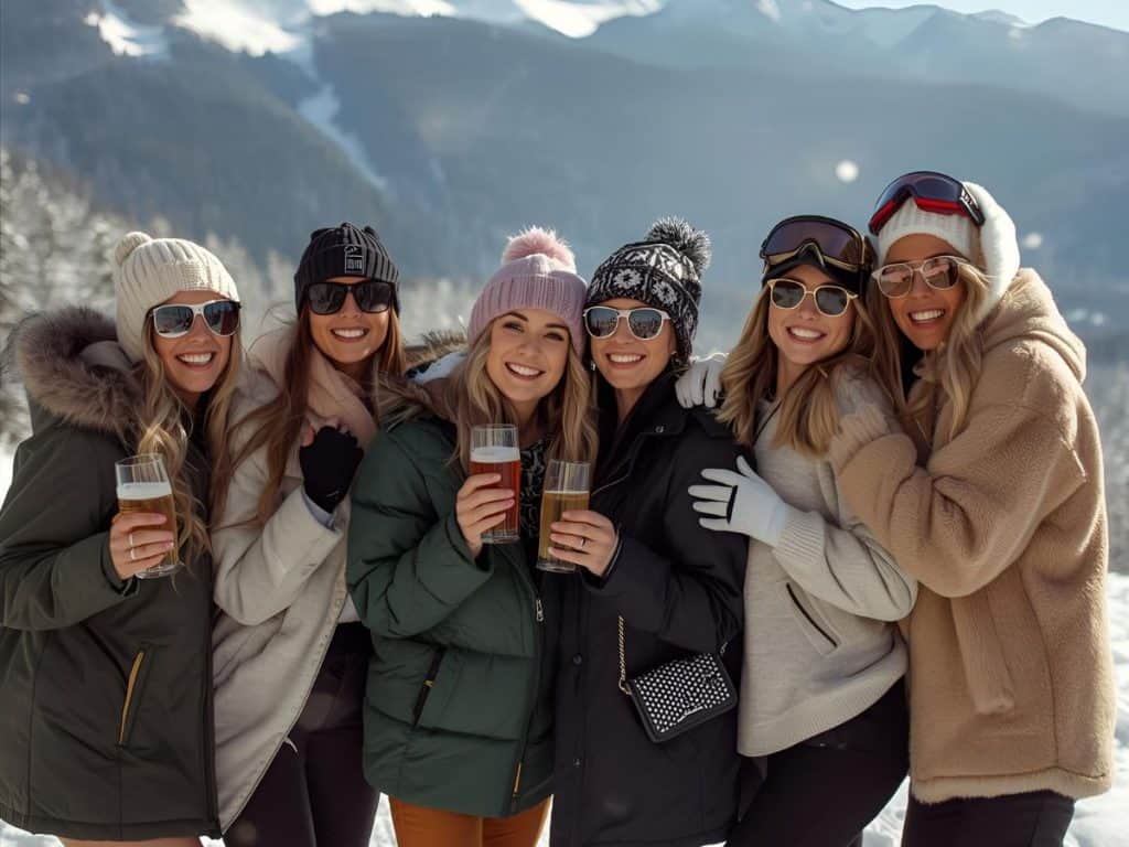 Enjoying winter with friends, holding cocktails in a snowy mountain setting, wearing cozy winter gear.