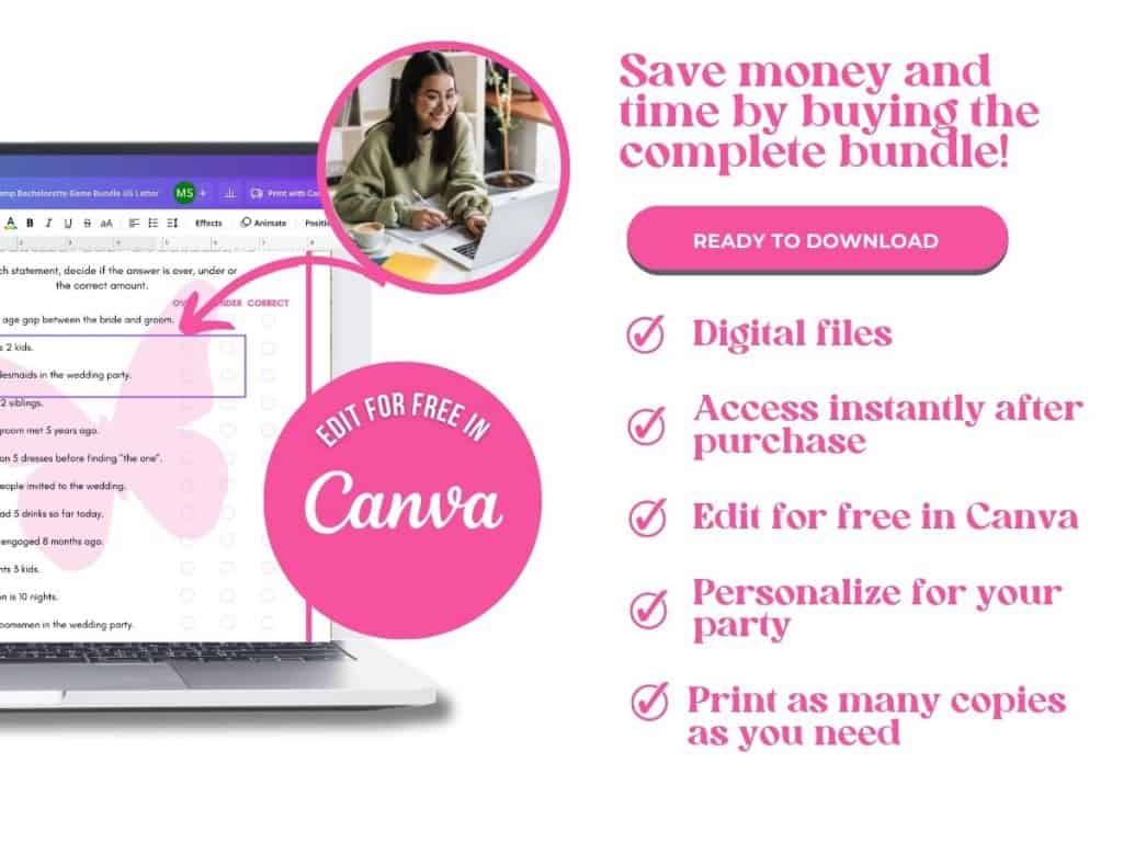 Editable y2k bachelorette bundle in Canva promoted by Gin and Gemini for easy digital download.