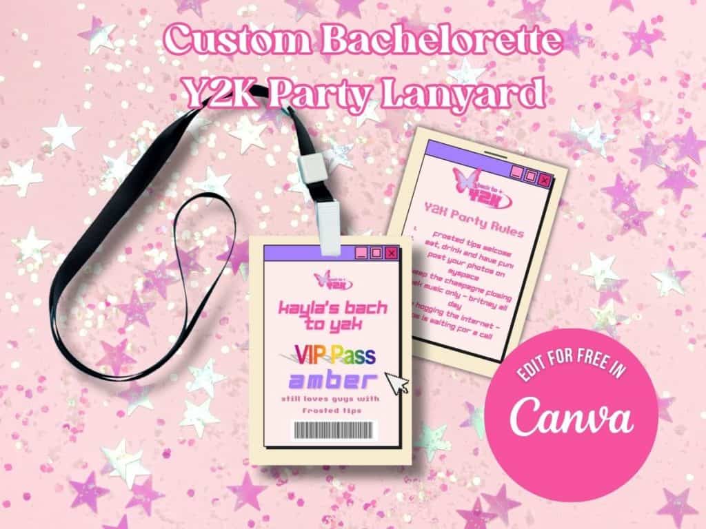 Custom y2k Bachelorette Party Lanyard with VIP Pass and editable name badge for fun Y2K themed event.