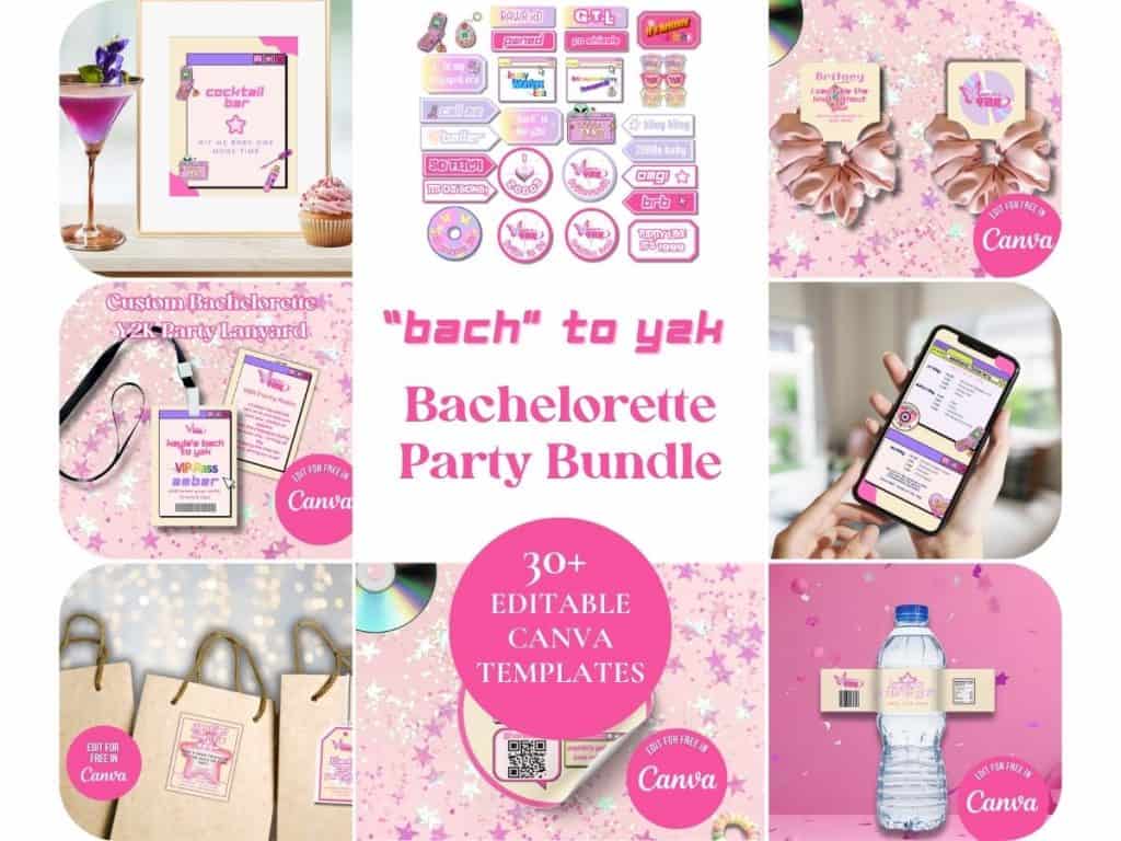 Pink y2k bachelorette party bundle with customizable Canva templates, tags, and decorations for a fun bridal celebration.