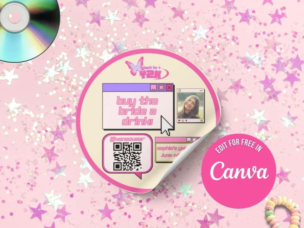 Pink-themed sticker design with social media elements and QR code for branding by Gin and Gemini, promoting free Canva edits.