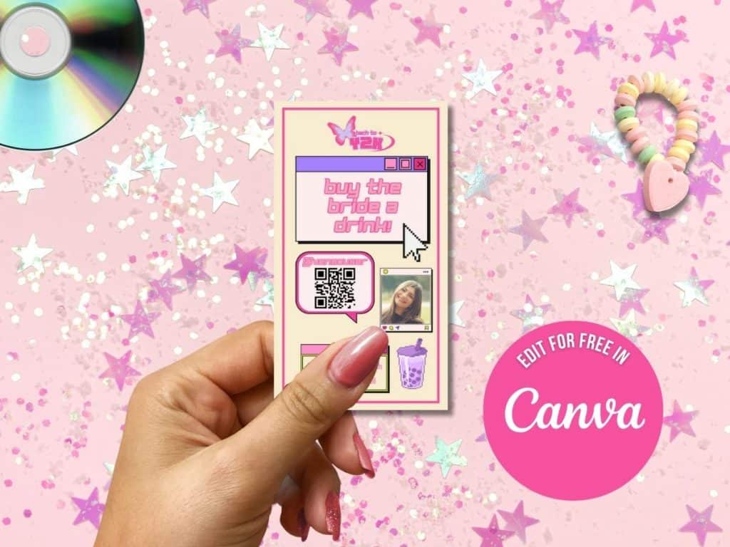 Pink-themed digital art with a hand holding a smartphone displaying a wedding poll, surrounded by confetti, stars, and a pastel beaded bracelet.