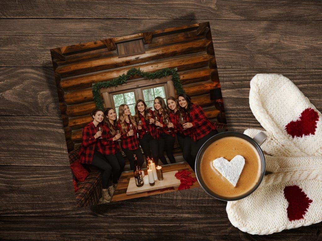 Cheerful women enjoying holiday drinks in cozy log cabin setting for Flannel Fling winter bachelorette party