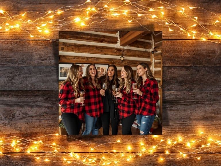 Cheerful women in red plaid shirts celebrating a flannels and fizz bachelorette party with champagne at a cozy rustic venue.