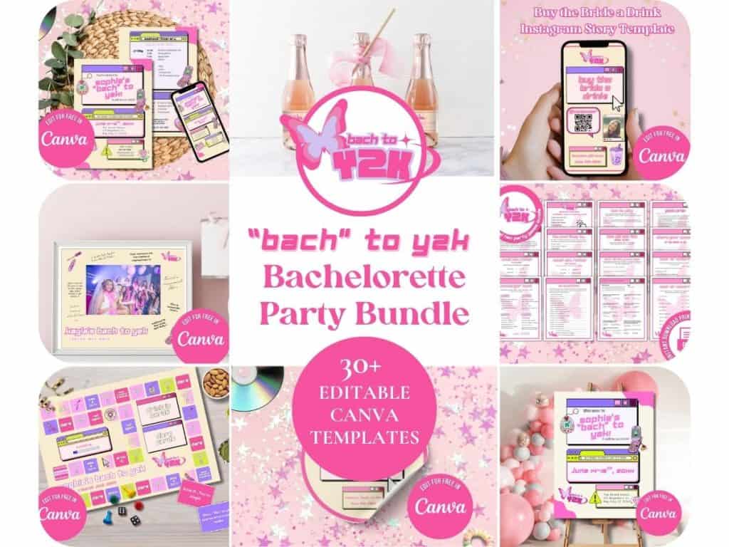 Editable bach to y2k bachelorette party bundle Canva templates for girls, fun bridal shower game ideas.