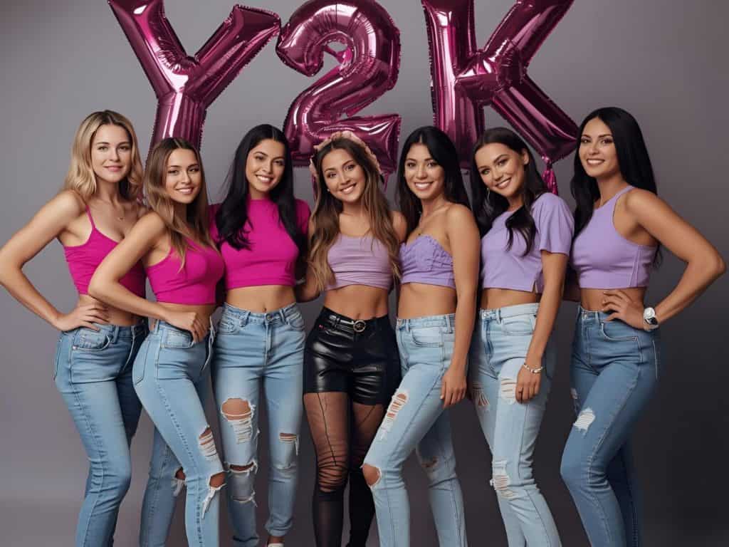 Girls celebrating at a y2k bachelorette party with pink and purple balloons spelling out Y2K, wearing trendy casual outfits.