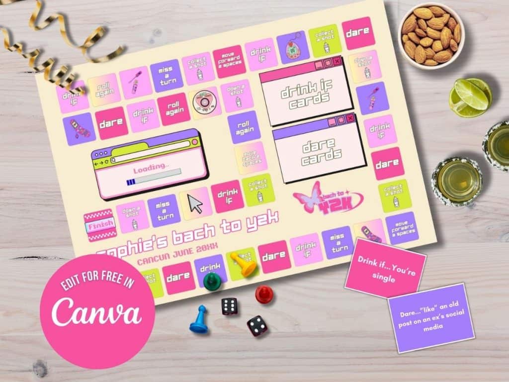 Colorful personalized board game for y2k hen parties, featuring drink challenges and fun dares. Perfect for celebrations in Cancun.