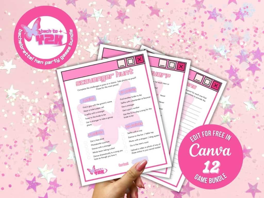 Pink themed party game printable bundle for y2k theme parties, perfect for bachelorette or hen parties. Editable Canva 12 game set.