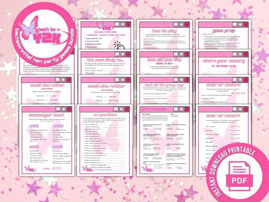 y2k party non editable games bundle pink bridal shower game printable set for bachelorette parties and bridal events, fun and engaging activities for guests.