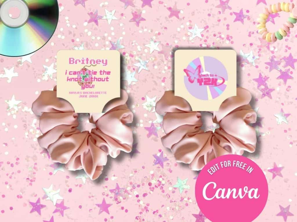 y2k bachelorette custom printed scrunchie tags
 for bridesmaids and friends.