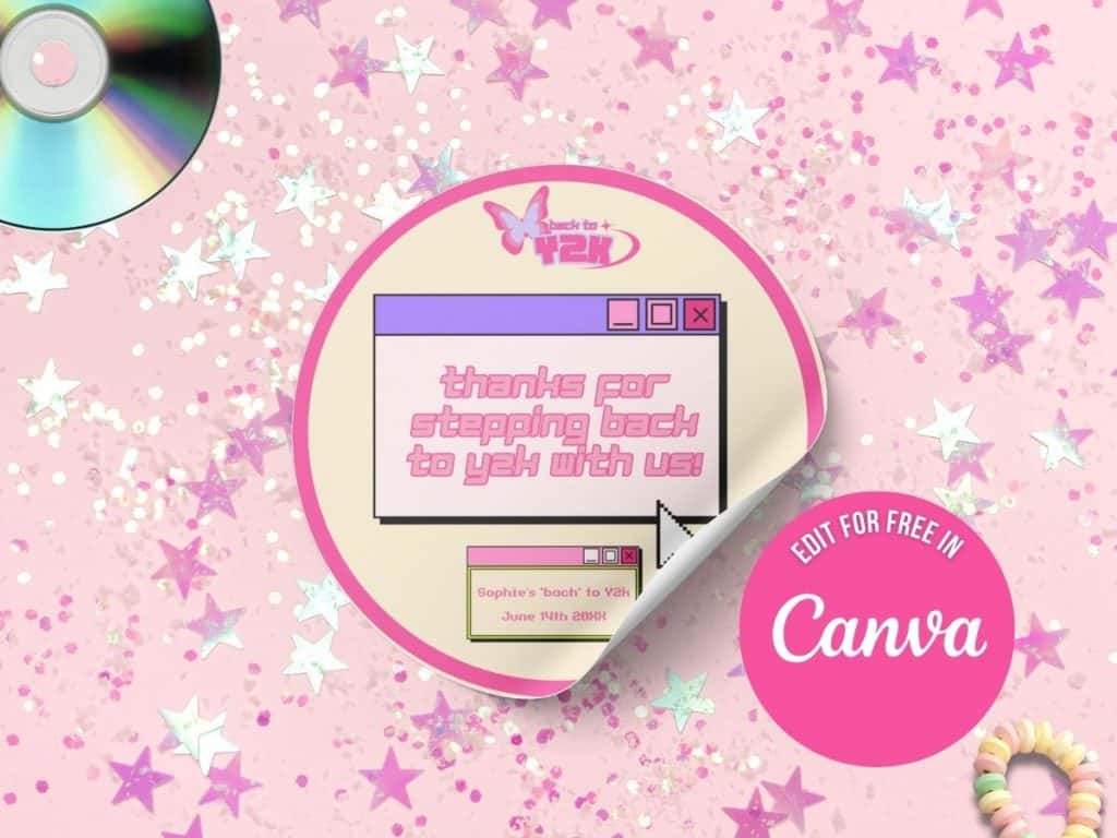 Pink graphic design with thank you message and digital window elements, promoting Canva template for event gratitude cards.