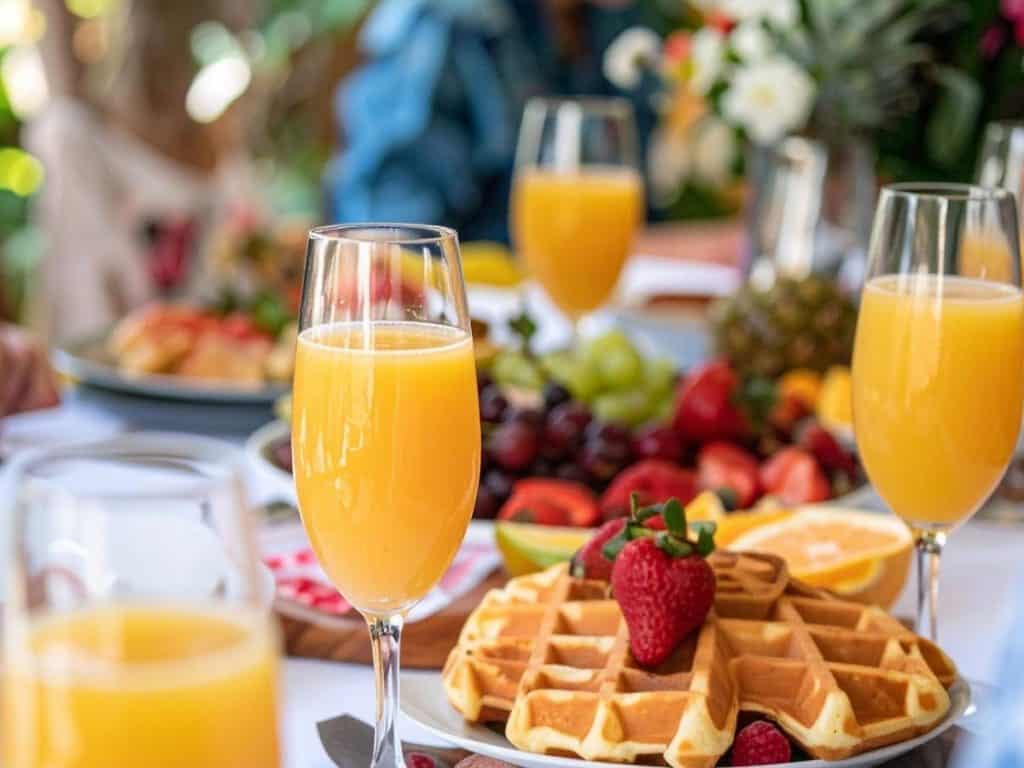 Bright orange mimosa drinks with strawberries and waffles on a sunny outdoor table.