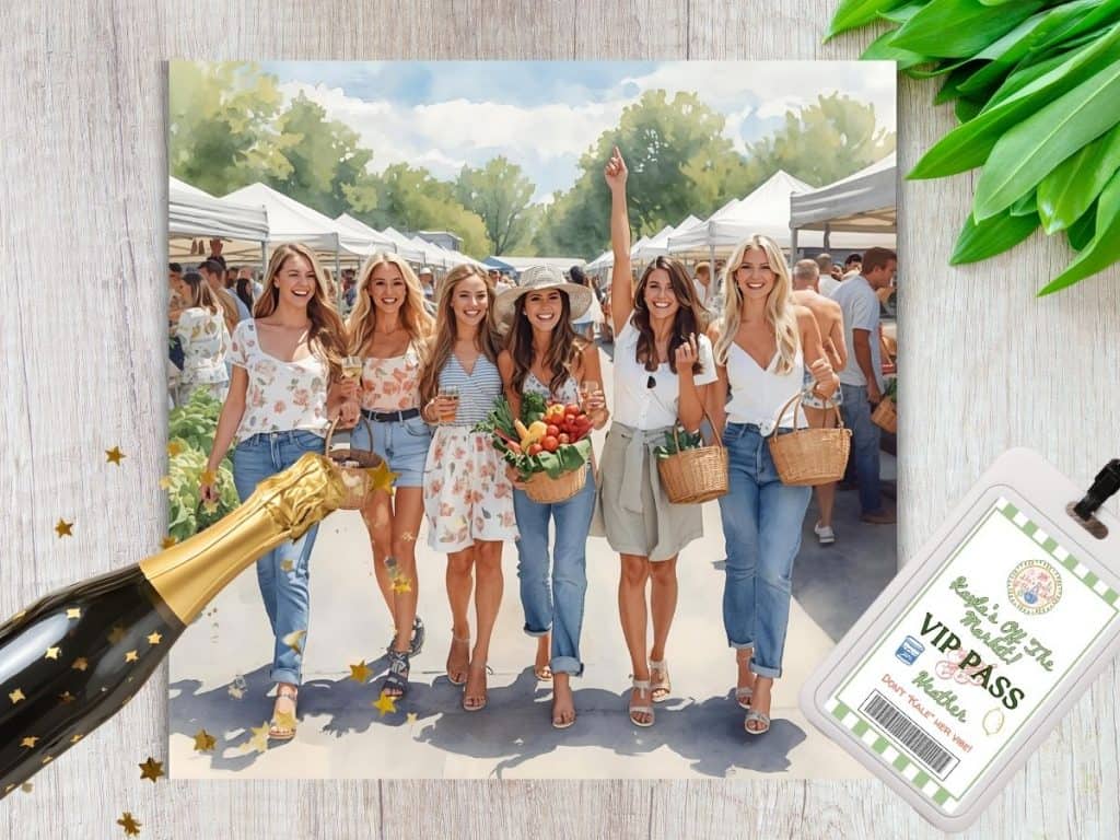 Vibrant group of women celebrating at an outdoor market, enjoying wine and fresh produce on a sunny day.