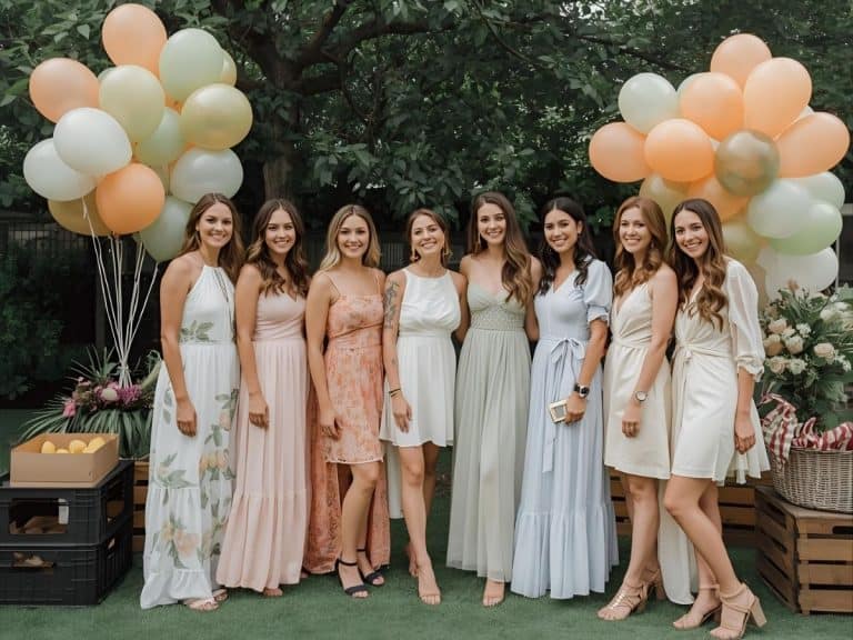 Beautiful group of women celebrating outdoors with pastel-colored balloons and floral decorations at a garden party.