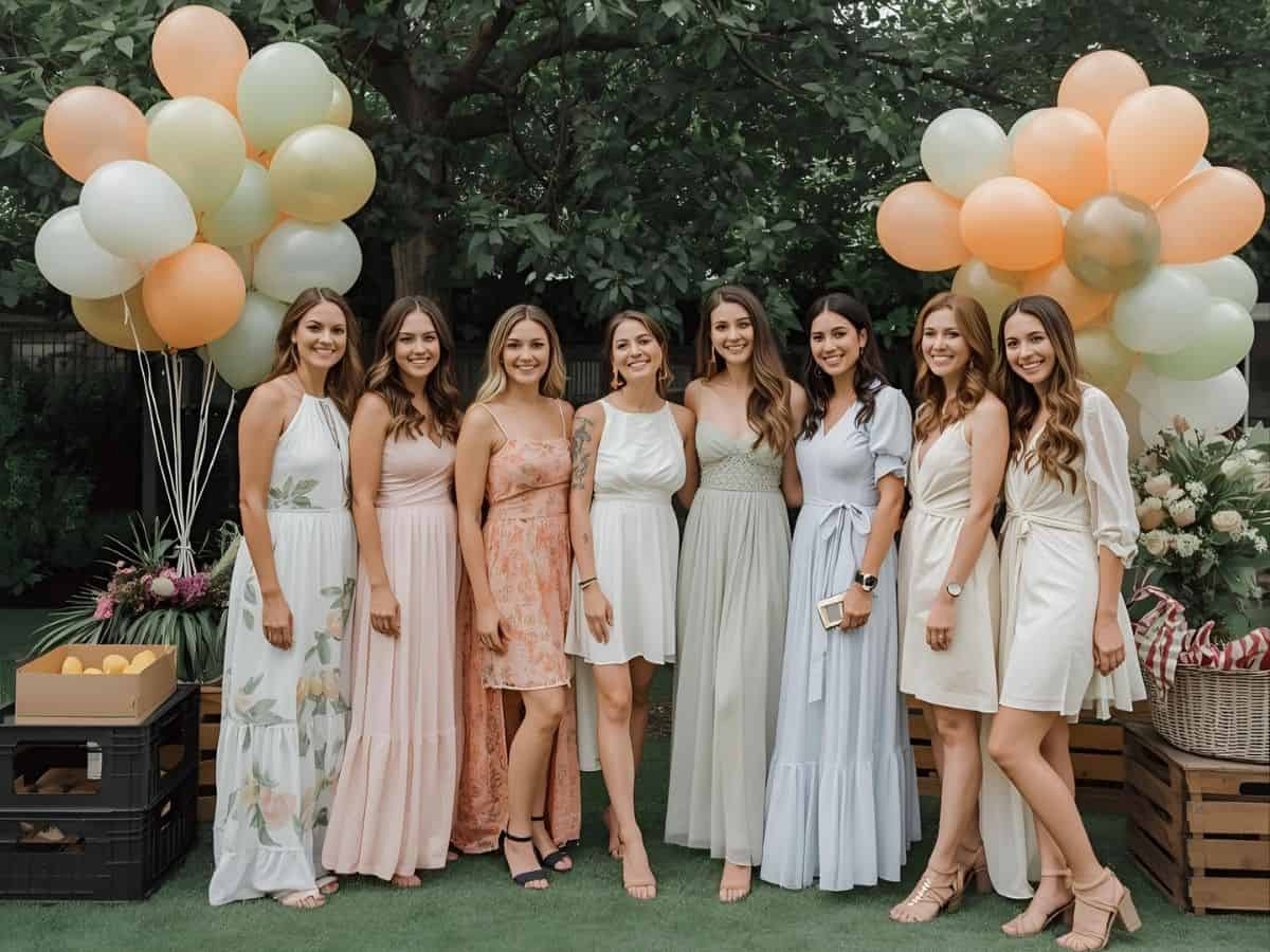 Beautiful group of women celebrating outdoors with pastel-colored balloons and floral decorations at a garden party.